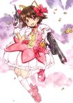  animal_ears brown_eyes brown_hair cosplay dual_wielding gun highres holding kaname_madoka kaname_madoka_(cosplay) magical_girl mahou_shoujo_madoka_magica miyafuji_yoshika niwa_mizuki pinky_out ribbon shell_casing shoes short_hair solo strike_witches weapon world_witches_series 