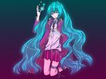  aqua_eyes aqua_hair blouse coat eyepatch halloween hatsune_miku kneeling leg_band long_hair ribbon shirt skirt vocaloid 