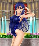  arms_up blue_eyes breasts competition_swimsuit covered_nipples dream_c_club dream_c_club_(series) headset highleg highleg_swimsuit large_breasts legs long_hair marubonman microphone one-piece_swimsuit one_eye_closed reika_(dream_c_club) sideboob solo swimsuit thighs wet 
