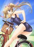  adjusting_clothes adjusting_swimsuit ass bicycle blonde_hair blue_eyes cruiser_bicycle dengeki_moeou food food_in_mouth goma_satoshi ground_vehicle long_hair mouth_hold one-piece_swimsuit school_swimsuit solo swimsuit toast toast_in_mouth twintails 