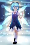  alternate_wings bangs black_footwear blue_bow blue_dress blue_eyes blue_hair blush bow breasts cirno collared_shirt dress full_body glowing hair_bow hand_up highres index_finger_raised light_particles looking_at_viewer neck_ribbon puffy_short_sleeves puffy_sleeves red_ribbon ribbon shirt short_hair short_sleeves sidelocks small_breasts snow solo standing standing_on_one_leg touhou white_legwear white_shirt wings yori_(shitsuon) 