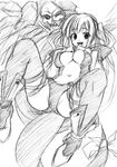  asymmetrical_wings blush boots breasts dizzy graphite_(medium) greyscale guilty_gear large_breasts monochrome necro_(guilty_gear) oppai_kenmin ribbon sketch skull solo spread_legs tail tail_ribbon thighhighs traditional_media wings 