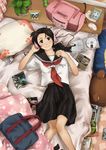  abbey_road bed bedroom black_hair cd headphones indoors listening_to_music long_hair lying original school_uniform serafuku solo tamaru_tokihiko 