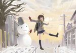  antenna_hair ataru_(ataru_squall) backpack bag balancing bare_tree bird brown_eyes brown_hair bucket cat cloud footprints full_body gloves kneehighs lamppost loafers miniskirt mittens open_mouth original outstretched_arms paw_print power_lines scarf shoes short_hair single_glove skirt sky snow snowman solo spread_arms standing standing_on_one_leg tree winter 