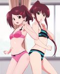  2girls ass ass-to-ass ass_to_ass bandaid blue_bra blue_panties bow bow_panties bra brown_hair hair_ornament hairpin kissxsis lingerie long_hair multiple_girls navel open_mouth panties pink_bra pink_panties ponytail siblings sisters smile striped striped_bra striped_panties suminoe_ako suminoe_riko twins underwear yellow_eyes 