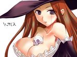  bare_shoulders between_breasts black_eyes breasts brown_hair detached_sleeves dragon's_crown hat large_breasts long_hair skull solo sorceress_(dragon's_crown) tokita_monta witch_hat 