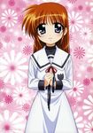  absurdres blush brown_hair hair_down highres long_hair lyrical_nanoha mahou_shoujo_lyrical_nanoha mahou_shoujo_lyrical_nanoha_the_movie_1st non-web_source okuda_yasuhiro purple_eyes school_uniform seishou_elementary_school_uniform serafuku smile solo takamachi_nanoha 