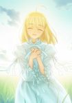  ^_^ ahoge artoria_pendragon_(all) bangs blonde_hair closed_eyes cloud cowboy_shot crying day dress dripping eyebrows_visible_through_hair facing_viewer fate/stay_night fate_(series) frilled_sleeves frills game_cg grass hair_down hands_on_own_chest happy long_sleeves meadow medium_hair nature own_hands_together saber sky smile solo streaming_tears takeuchi_takashi tears w_arms white_dress 