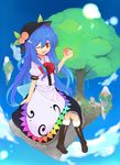  :d blue_hair blue_sky blush boots bow day dress floating floating_island food fruit hat highres hinanawi_tenshi holding holding_food holding_fruit long_hair one_eye_closed open_mouth peach red_eyes rock shibatenko sitting sky smile solo touhou tree very_long_hair 