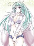  antennae blush breasts bursting_breasts cleavage denim denim_shorts green_hair highres large_breasts long_hair navel negamaro no_bra older open_clothes open_fly open_shirt open_shorts shirt short_shorts shorts sketch solo thighs touhou undersized_clothes unzipped wings wriggle_nightbug 
