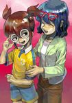  1girl adjusting_eyewear black_eyes blue_hair brown_hair closed_eyes doraiga-rei eyewear_on_head glasses hayami_tsurumasa inazuma_eleven_(series) inazuma_eleven_go jacket lightning_bolt older open_clothes open_jacket open_mouth otonashi_haruna raimon raimon_soccer_uniform shirt short_hair short_twintails soccer_uniform sportswear sweatdrop twintails 