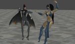  bayonetta bayonetta_(character) black_bodysuit black_leather_bodysuit blue_bra blue_loin_cloth blue_thigh_high_boots cleavage crossover earrings fighting_stance fist glasses gold_chain high_heels highheels kitana leather_bodysuit long_black_hair mask mortal_kombat red_ribbon thigh_high_boots white_gloves 