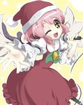  animal_ears bad_id bad_pixiv_id bell christmas dress hat highres microphone music mystia_lorelei one_eye_closed open_mouth outstretched_hand pink_hair santa_costume santa_hat short_hair singing solo touhou urimono wings yellow_eyes 