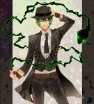  blazblue fedora fingerless_gloves formal gloves green_hair grin hat hazama kuroneko_(la-pi-s) male_focus necktie one_eye_closed smile solo suit 