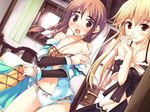  bed blonde_hair bra breasts brown_eyes brown_hair cleavage door dress nina_lindberg panties shelley_maycraft shukufuku_no_campanella underwear window 