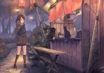  1girl :o bad_id bad_pixiv_id bag bench bowl brown_eyes brown_hair bush cat efmoe fence food_stand gloves kneehighs lamppost lantern light_bulb night noren original paper_lantern park scarf scenery short_hair short_twintails skirt twintails winter_clothes yatai 