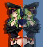  black_legwear breast_hold breasts cleavage elbow_gloves garter_belt gloves green_hair grey_eyes hat large_breasts leotard long_hair mask peaked_cap sinko solo star_driver thighhighs watanabe_kanako 