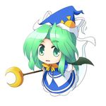  blue_dress bow bowtie chibi crescent dress ghost ghost_tail green_eyes green_hair hat long_hair mima musashino_udon open_mouth solo staff touhou touhou_(pc-98) wings wizard_hat 
