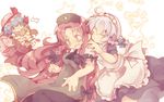  &gt;_&lt; bad_id bad_pixiv_id bat_wings blonde_hair blue_hair braid chinese_clothes closed_eyes covering_eyes fang flandre_scarlet hat hong_meiling imminent_kiss izayoi_sakuya kiss maid masirosu multiple_girls open_mouth pointing red_hair remilia_scarlet silver_hair touhou twin_braids wavy_mouth wings yuri 