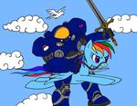  equine female feral friendship_is_magic hair horse human mammal multi-colored_hair my_little_pony nothing_is_sacred pegasus pink_eyes pony ponycraft_2 rainbow_dash_(mlp) rainbow_hair space_marine starcraft sword terran unknown_artist weapon wings 