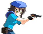  :&lt; belt beret blush brown_hair cosplay fingerless_gloves frown gloves gun handgun hat jill_valentine jill_valentine_(cosplay) kusakabe_misao lucky_star pistol police police_uniform pouch resident_evil rindou_(awoshakushi) short_hair shoulder_pads solo sweat uniform weapon yellow_eyes 