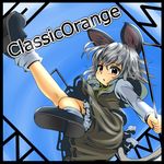  animal_ears black_border blush border capelet circle_cut dress grey_hair ishikkoro leg_up mouse_ears mouse_tail nazrin open_mouth red_eyes short_hair solo tail touhou 
