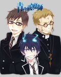  ao_no_exorcist blonde_hair blue_eyes blue_fire blue_hair brothers brown_hair fire fujimoto_shirou glasses male_focus multiple_boys okumura_rin okumura_yukio pointy_ears siblings smile 