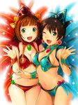  :d ;d ahoge amami_haruka bikini breasts brown_hair cleavage earrings feathers ganaha_hibiki green_eyes idolmaster idolmaster_(classic) jewelry large_breasts multiple_girls navel nekomata_naomi one_eye_closed open_mouth otome_samba samba smile sparkle swimsuit taiko_no_tatsujin 