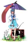  bad_id bad_pixiv_id blue_eyes blue_hair broken bunny choujuu_giga fine_art_parody frog full_body geta heterochromia karakasa_obake masao nihonga oriental_umbrella parody purple_umbrella red_eyes short_hair solo tatara_kogasa television tongue touhou umbrella 