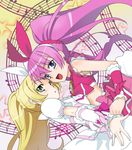  beamed_eighth_notes blonde_hair blue_eyes bow couple cure_melody cure_rhythm eighth_note green_eyes heart houjou_hibiki magical_girl midriff minamino_kanade multiple_girls musical_note pink_bow pink_hair ponytail precure quarter_note staff_(music) star suite_precure twintails yaya_hinata yuri 