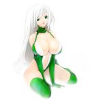  breasts cleavage copyright_request green_eyes large_breasts long_hair navel pupps sitting solo thighhighs white_hair 