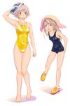  arena_(company) bad_id bad_pixiv_id blue_eyes brown_hair competition_swimsuit goggles green_eyes long_hair multiple_girls no_socks one-piece_swimsuit original school_swimsuit shoes shoko_(moccom) short_hair swim_cap swimsuit thigh_gap towel towel_on_head 