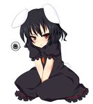  :t alternate_color animal_ears black_dress black_hair blush bunny_ears bunny_tail carrot dress highres inaba_tewi jewelry pendant pout red_eyes short_hair simple_background sitting solo squiggle tail touhou v_arms yami_nabe 