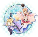  animal_ears bad_id bad_pixiv_id black_legwear blonde_hair bomb cape dog_days dog_ears dog_tail dress flower fox_ears fox_tail green_eyes hair_ribbon michii_yuuki multiple_girls purple_dress ribbon ricotta_elmar sword tail thighhighs weapon yellow_eyes yukikaze_panettone 