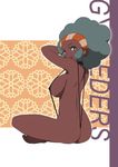  aloe_(pokemon) ass big_hair breasts dark_skin green_eyes green_hair highres large_breasts legs looking_back makoto_daikichi pokemon pokemon_(game) pokemon_bw sideboob sitting slingshot_swimsuit smile solo swimsuit thighs very_dark_skin 