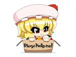  :3 ascot blonde_hair box cardboard_box chibi claws english flandre_scarlet for_adoption hat in_box in_container red_eyes short_hair simple_background solo touhou v-shaped_eyebrows wings yamato_damashi 