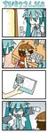  4koma bedwetting chibi chibi_miku comic detached_sleeves hatsune_miku kagamine_len meiko minami_(colorful_palette) multiple_girls photo_(object) short_hair silent_comic sweat tears twintails vocaloid 