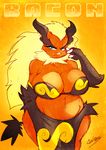  anthro big_breasts black blonde_hair blue_eyes bra breasts chalo chubby cleavage clothed clothing emboar fat female fire hair long_hair looking_at_viewer mammal nintendo orange orange_body orange_theme overweight pig pok&#233;mon pok&#233;morph pok&eacute;mon pok&eacute;morph porcine solo standing tail underwear video_games warm_colors yellow yellow_hair 