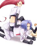  1girl all_fours big_hair black_legwear blue_eyes blue_hair earrings elbow_gloves gen_1_pokemon gloves green_eyes hair_slicked_back human_chair human_furniture jewelry kojirou_(pokemon) long_hair maruki_(punchiki) meowth musashi_(pokemon) pokemon pokemon_(anime) pokemon_(creature) red_hair short_hair sitting sitting_on_person smile team_rocket thighhighs 