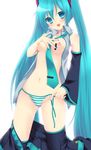  etou_(cherry7) hatsune_miku pantsu shimapan side-tie_panties simple_background smile solo striped thighhighs twin_tails undressing vocaloid 