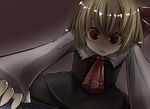  ascot blonde_hair bow commentary_request dress fang gaoo_(frpjx283) glowing glowing_eyes hair_bow open_mouth red_eyes rumia solo touhou translation_request you_gonna_get_raped 