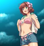  a1 amami_haruka amami_haruka_(cosplay) bikini_top blush braid breasts brown_hair cosplay duplicate green_eyes hair_ribbon idolmaster idolmaster_xenoglossia jpeg_artifacts kimi_ga_nozomu_eien medium_breasts midriff namesake navel open_clothes open_mouth open_shirt parody ribbon shirt short_hair shorts side_braid solo suzumiya_haruka swimsuit swimsuit_under_clothes undressing 