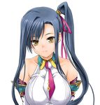  bare_shoulders black_hair blush breasts collarbone duplicate kan'u koihime_musou large_breasts long_hair looking_at_viewer side_ponytail sidelocks simple_background sleeveless smile soba_(saz) solo upper_body very_long_hair white_background yellow_eyes 