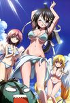  3girls :o ;o absurdres angel_wings aqua_bikini aqua_sarong armpits astraea baseball_bat bell bikini black_hair blonde_hair blush breasts cleavage cloud day food fruit hair_bell hair_ornament hair_ribbon head_wings highres ikaros kawai_momoko kazane_hiyori large_breasts light_rays long_hair low-tied_long_hair multiple_girls navel non-web_source nyantype official_art one_eye_closed open_mouth plate red_eyes red_hair ribbon sakurai_tomoki sarong scan shiny shiny_skin sky sora_no_otoshimono spoon striped striped_bikini striped_swimsuit suikawari sunbeam sunlight swimsuit thigh_gap very_long_hair watermelon white_bikini wings 