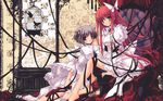  barefoot brown_hair copyright_request dress feet frills gothic gothic_lolita green_eyes highres lolita_fashion long_hair multiple_girls red_eyes red_hair ribbon short_hair soles toes twintails wallpaper yuki_usagi 