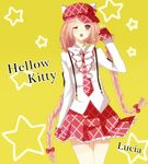  bow braid hair_bow hat hello_kitty long_hair long_sleeves lucia_(pangya) necktie one_eye_closed open_mouth pangya pink_eyes pink_hair simple_background sleeves_past_wrists solo star twin_braids very_long_hair 