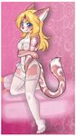  blonde_hair blue_eyes blush bra breasts clothed clothing feline female gem hair lace legwear mammal pillow pink_theme skimpy solo spazzykoneko stockings underwear 