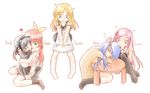  anger_vein animal_ears arin black_legwear blonde_hair blue_eyes cat_ears cecilia_(pangya) character_name closed_eyes dress green_eyes hana_(pangya) heart kooh long_hair lucia_(pangya) midriff multiple_girls pangya pink_eyes pink_hair simple_background skirt socks striped striped_legwear table thighhighs twintails very_long_hair white_legwear yukiyo-neko yuri 