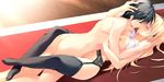 blonde bra bra_lift censored couple eyes_closed game_cg garter_belt kiss leg_lock lingerie long_hair mikeou miraroma missionary nipples seihouin_erika sex tagme thick_thighs thighhighs wide_hips 