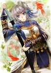  armor asymmetrical_hair bad_id bad_pixiv_id blue_eyes bridal_gauntlets fish gauntlets grey_hair hair_ornament katana kibanda_gohan koi original solo sword weapon 